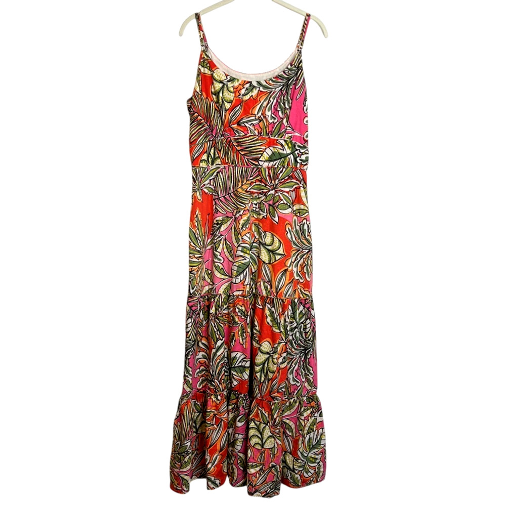 C&C California Dress Womens Large Tropical Linen Blend Tiered Long Sundress Boho